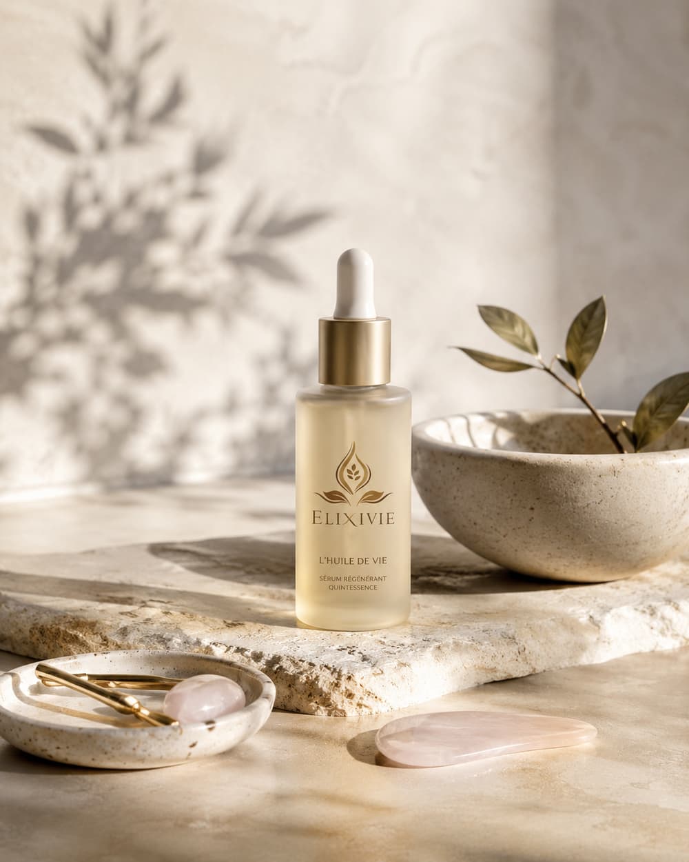 Sérum L'Huile de Vie Elixivie, soin signature à la texture dorée, sur un plan en pierre naturelle