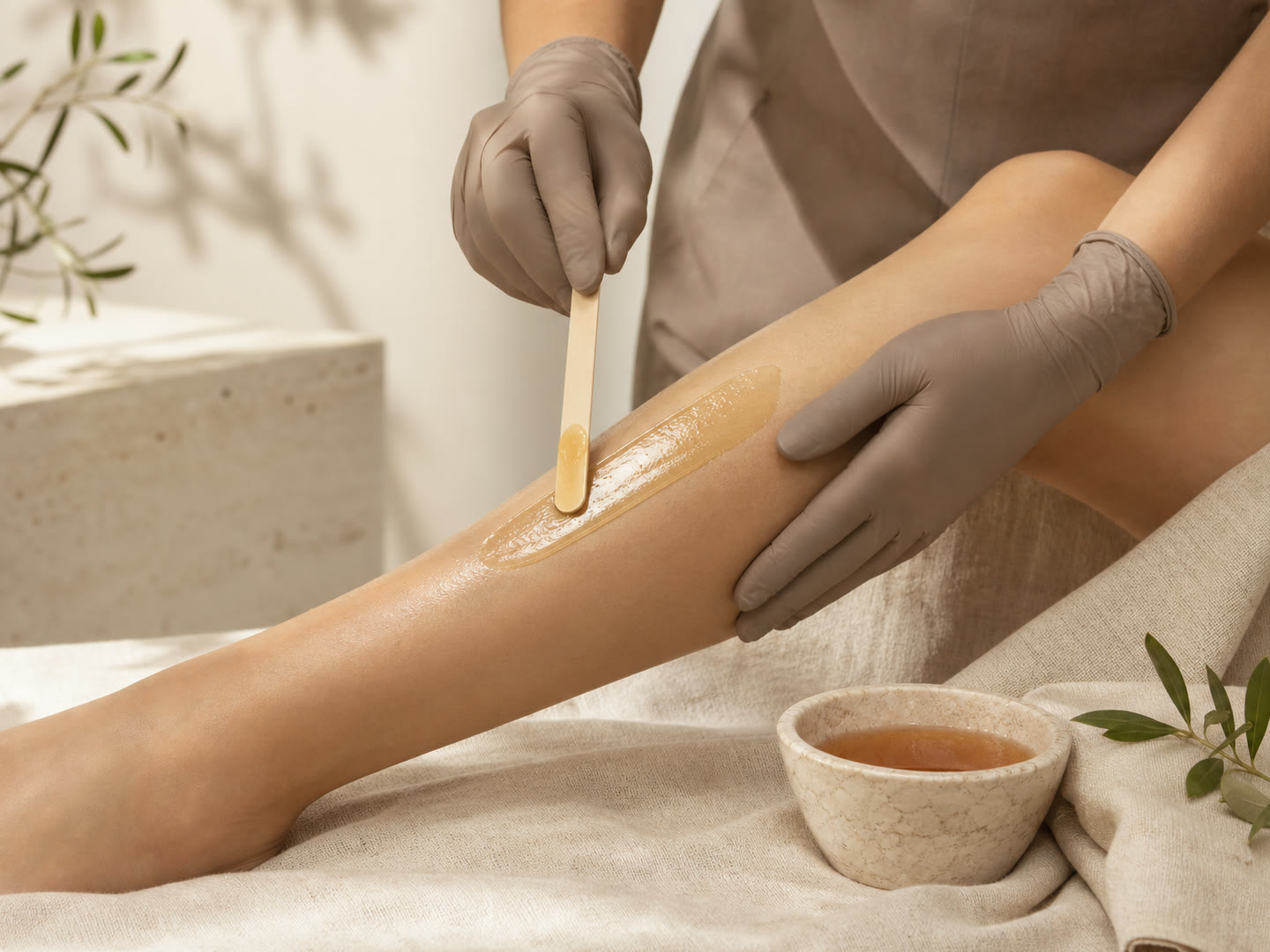 Application professionnelle d'une cire ambrée sur la demi-jambe