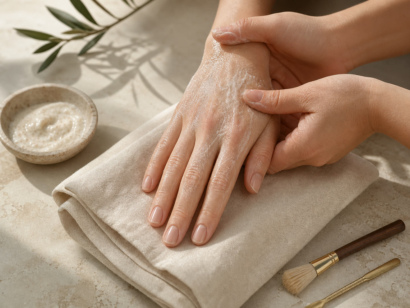 Gommage et massage hydratant de la main pendant une manucure complète
